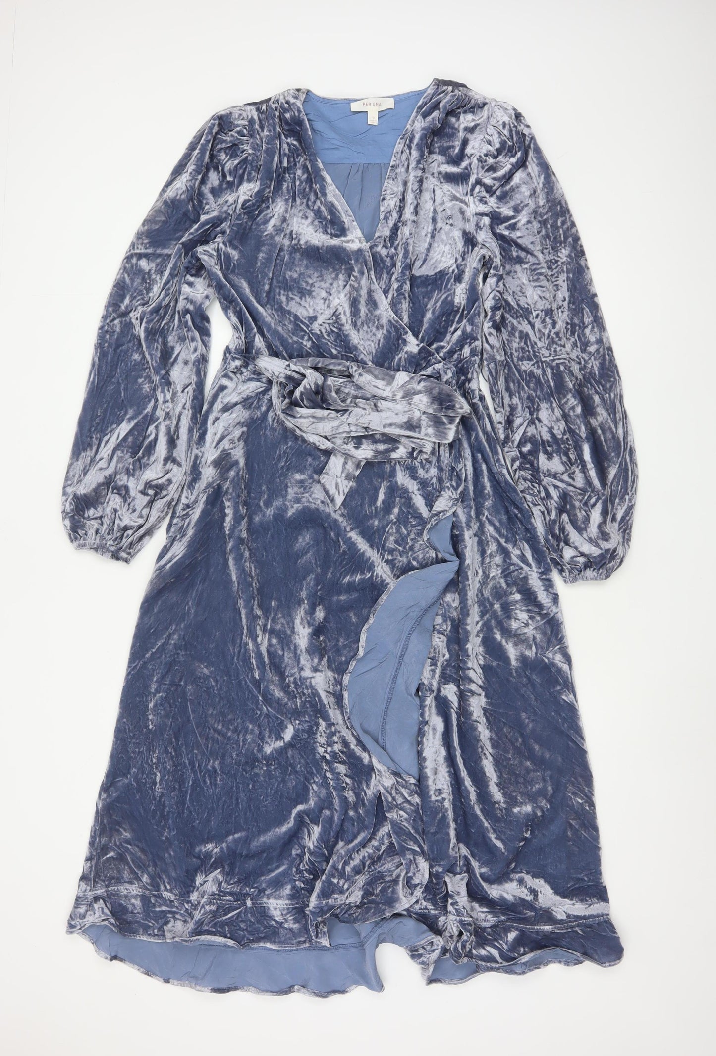 Per Una Women Blue UK 10 Velvet Midi Wrap Dress V-Neck Belted