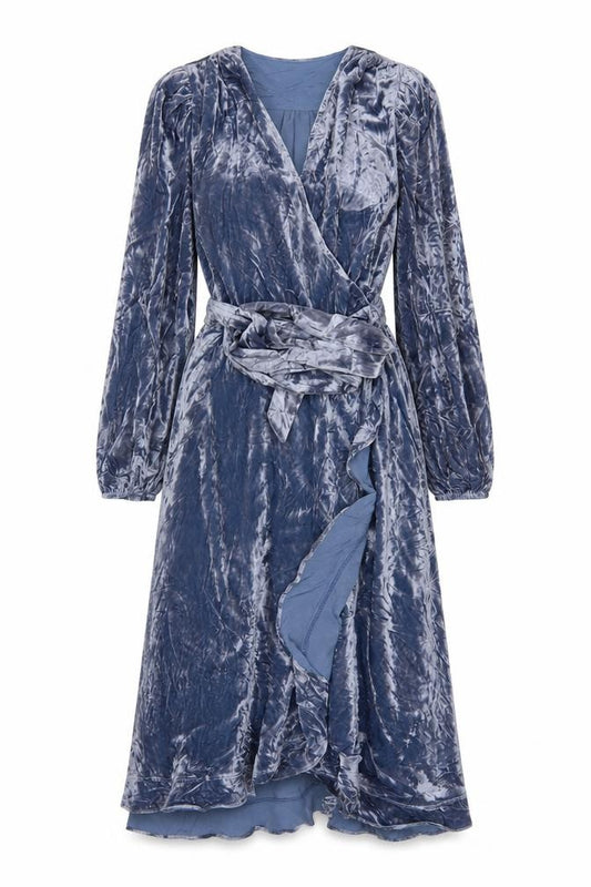 Front view of Per Una Women Blue UK 10 Velvet Midi Wrap Dress V-Neck Belted