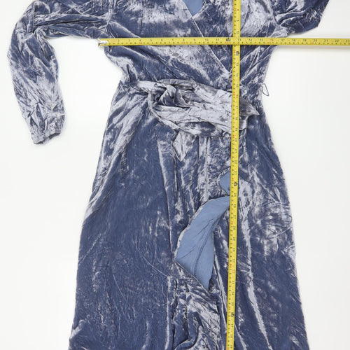 Per Una Women Blue UK 10 Velvet Midi Wrap Dress V-Neck Belted