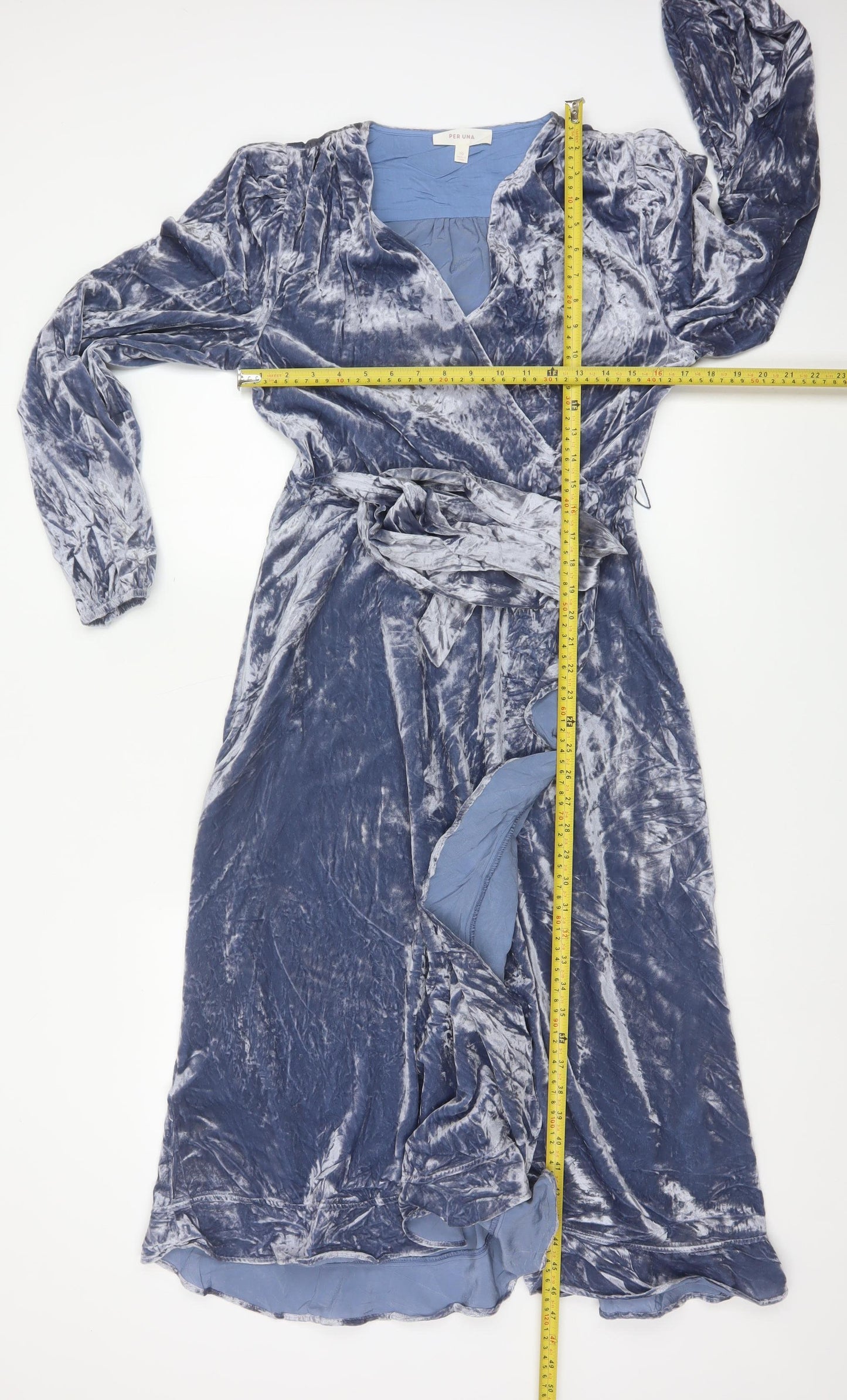 Per Una Women Blue UK 10 Velvet Midi Wrap Dress V-Neck Belted