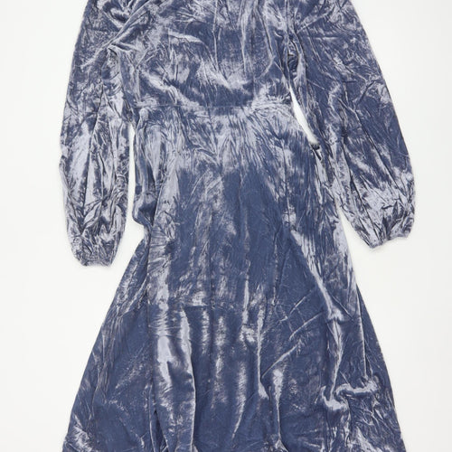 Per Una Women Blue UK 10 Velvet Midi Wrap Dress V-Neck Belted