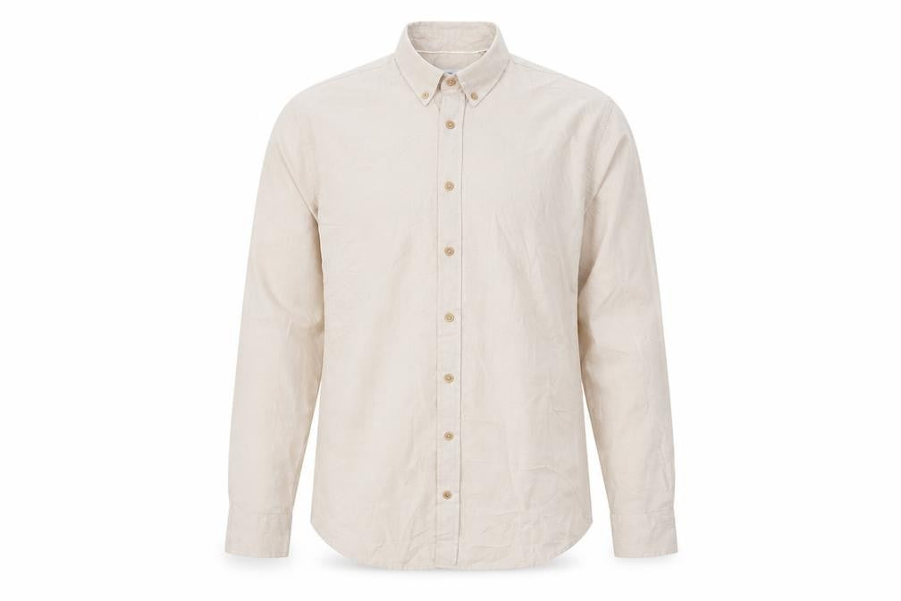 Front view of Kronstadt Men’s Beige L Cotton Blend Button-Down Long Sleeve Shirt