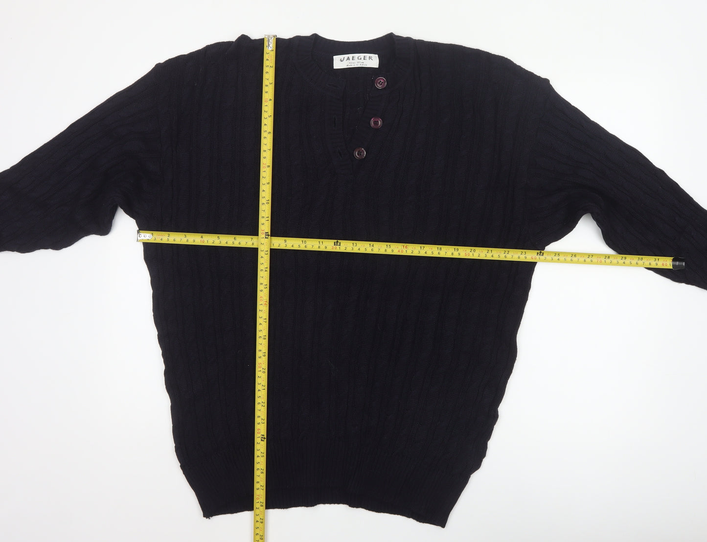 Jaeger Women’s Black Size 20 Cable-Knit Henley Cotton Blend Jumper