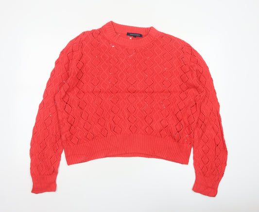 French Connection Women Orange L Open-Knit Cotton Crew Neck Pullover