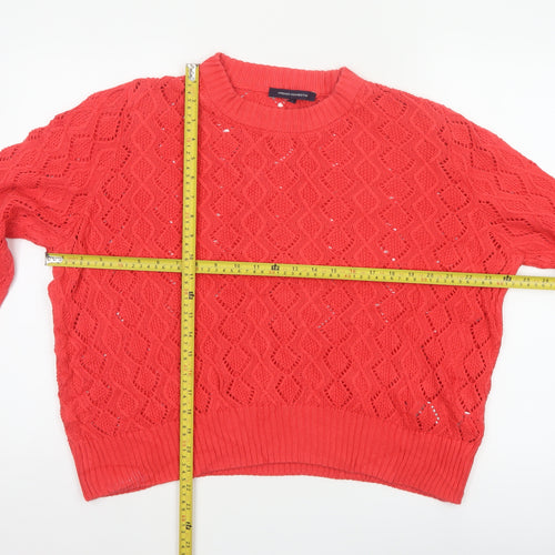 French Connection Women Orange L Open-Knit Cotton Crew Neck Pullover