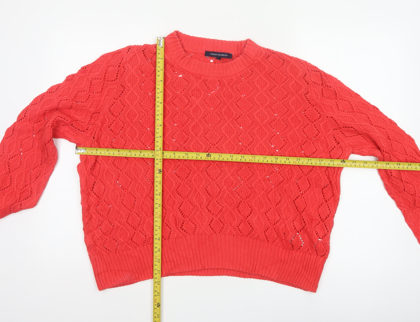 French Connection Women Orange L Open-Knit Cotton Crew Neck Pullover