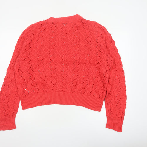 French Connection Women Orange L Open-Knit Cotton Crew Neck Pullover