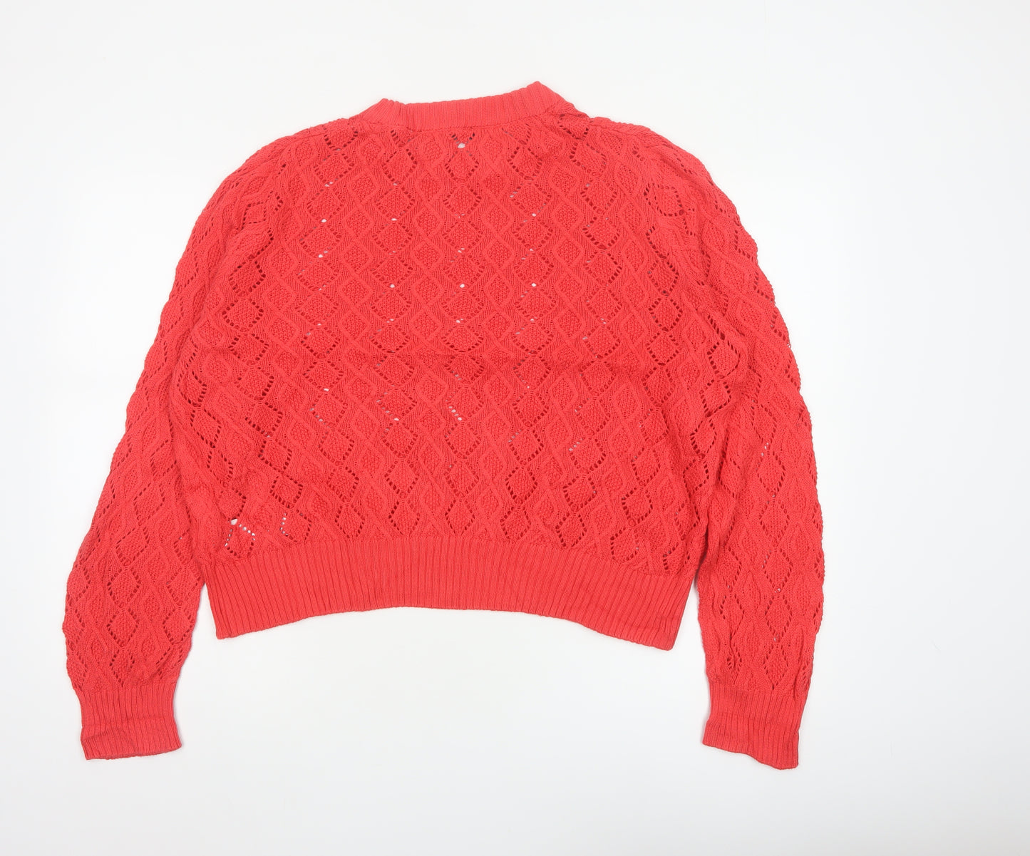 French Connection Women Orange L Open-Knit Cotton Crew Neck Pullover