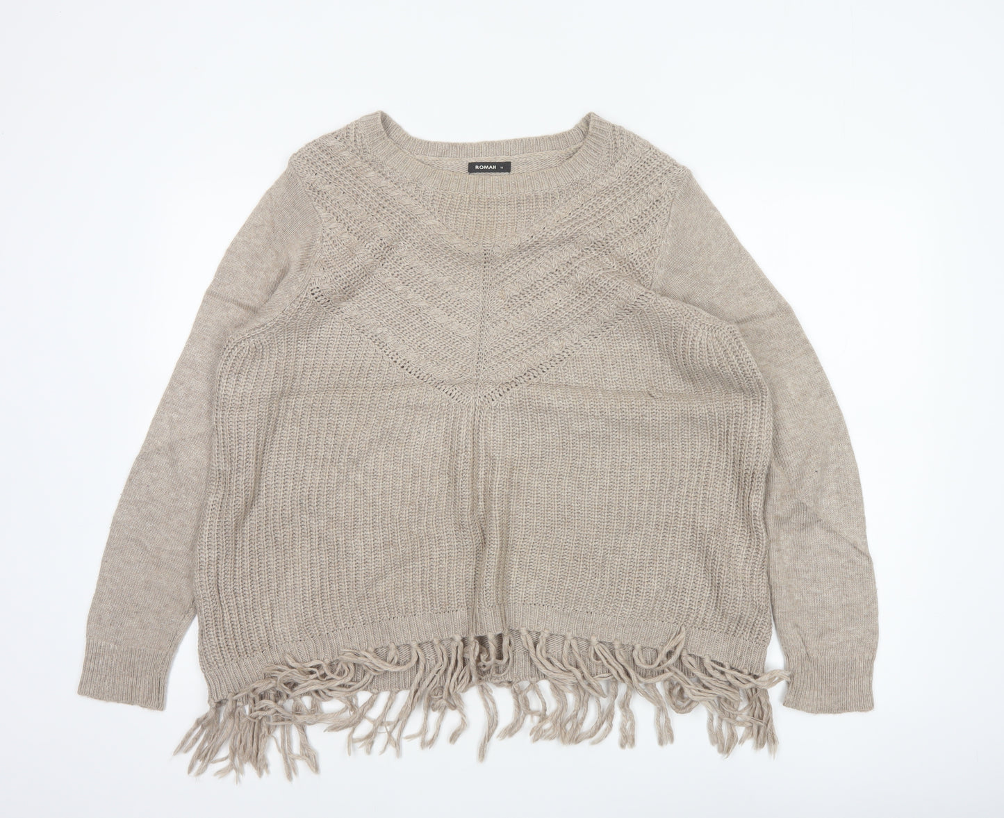Roman Women's Beige Size 14 Fringe Chunky Knit Round Neck Jumper