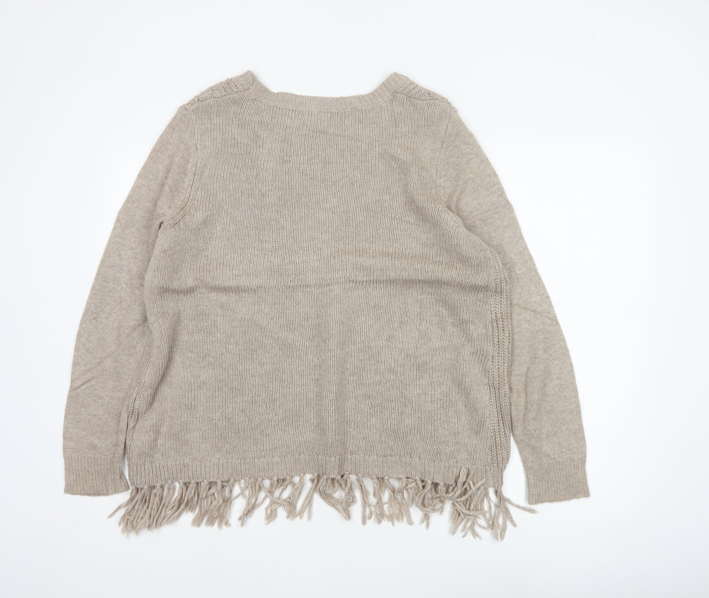 Roman Women's Beige Size 14 Fringe Chunky Knit Round Neck Jumper