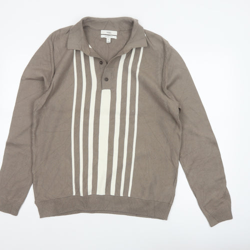 Marks and Spencer Men Brown L Cotton Striped Collared Henley Jumper