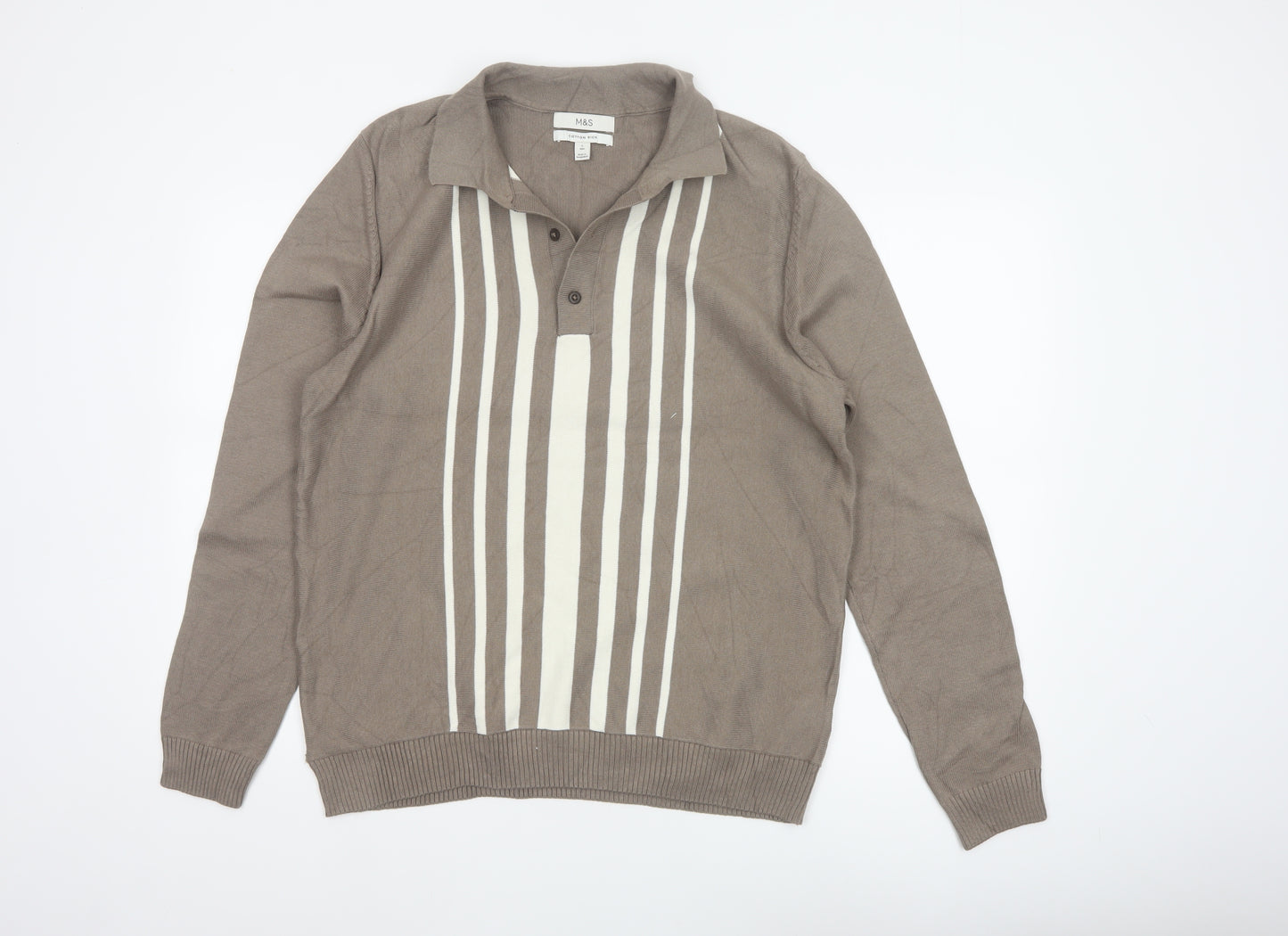 Marks and Spencer Men Brown L Cotton Striped Collared Henley Jumper