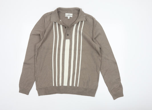 Marks and Spencer Men Brown L Cotton Striped Collared Henley Jumper