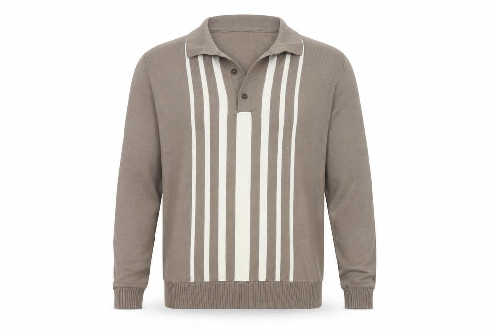 Marks and Spencer Men Brown L Cotton Striped Collared Henley Jumper