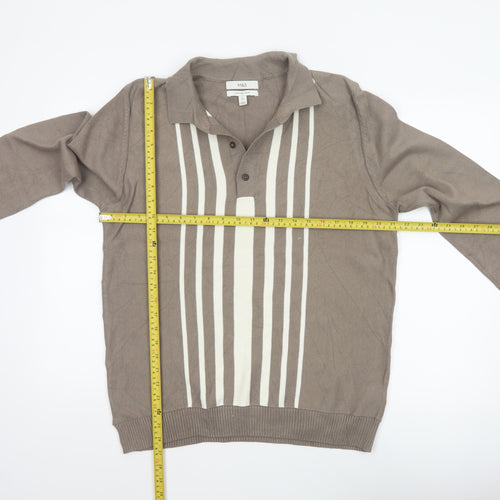 Marks and Spencer Men Brown L Cotton Striped Collared Henley Jumper