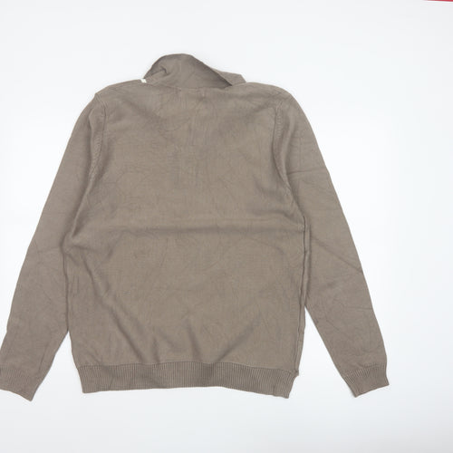 Marks and Spencer Men Brown L Cotton Striped Collared Henley Jumper