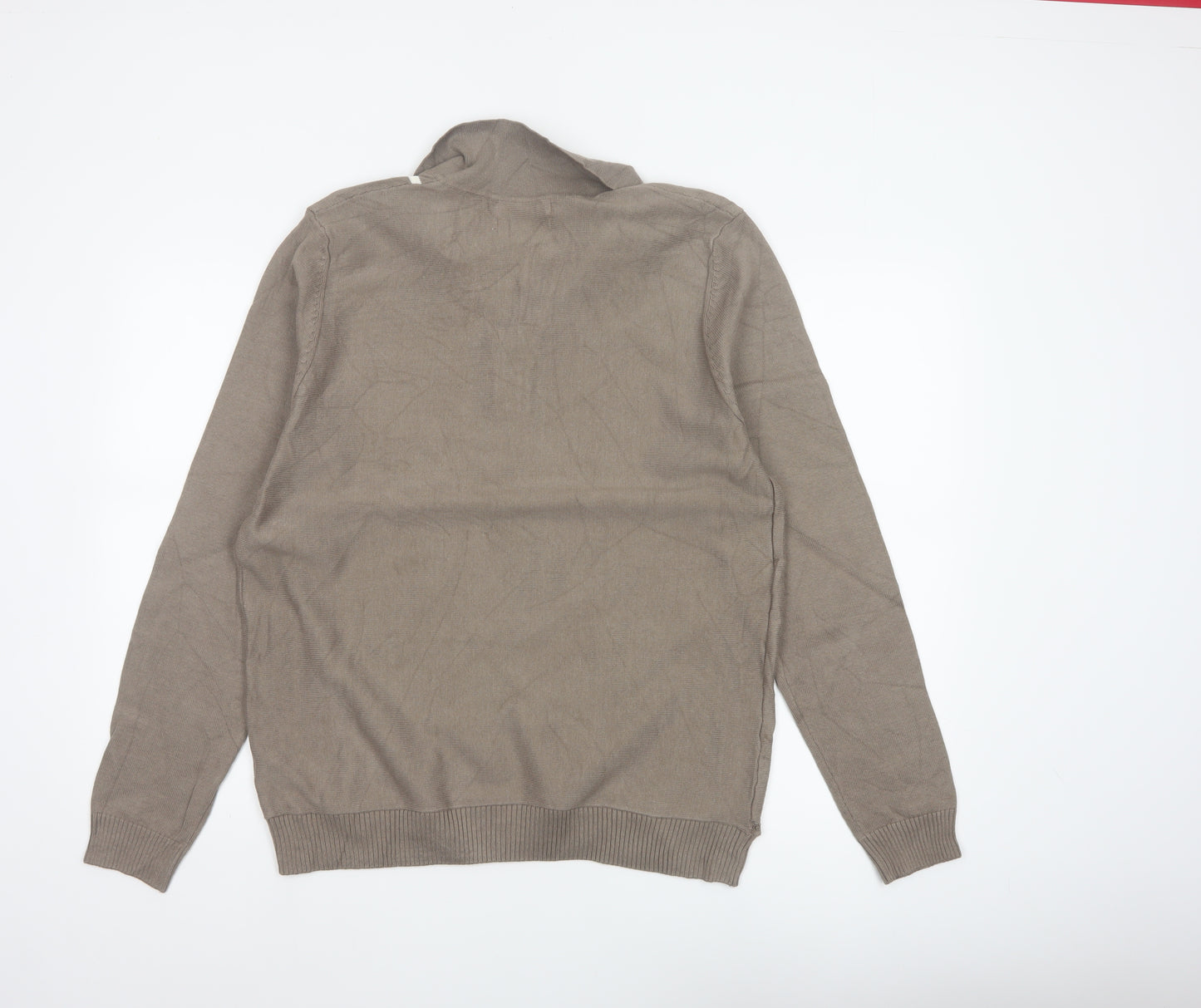 Marks and Spencer Men Brown L Cotton Striped Collared Henley Jumper