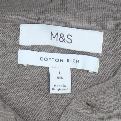 Marks and Spencer Men Brown L Cotton Striped Collared Henley Jumper
