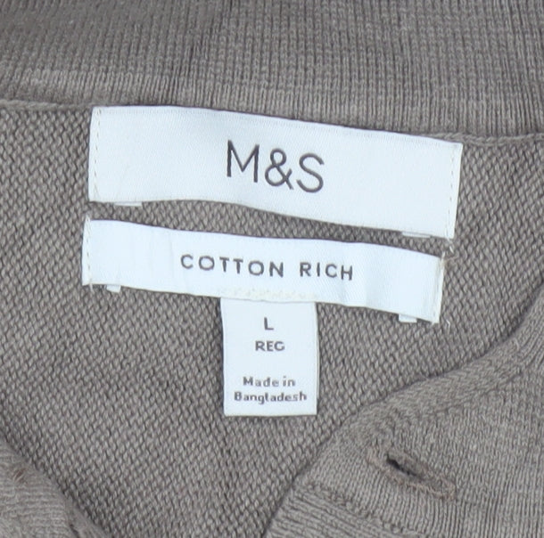 Marks and Spencer Men Brown L Cotton Striped Collared Henley Jumper
