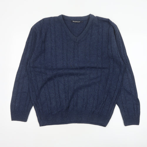 Woodville Men’s Blue L Cable Knit V-Neck Acrylic Pullover Jumper
