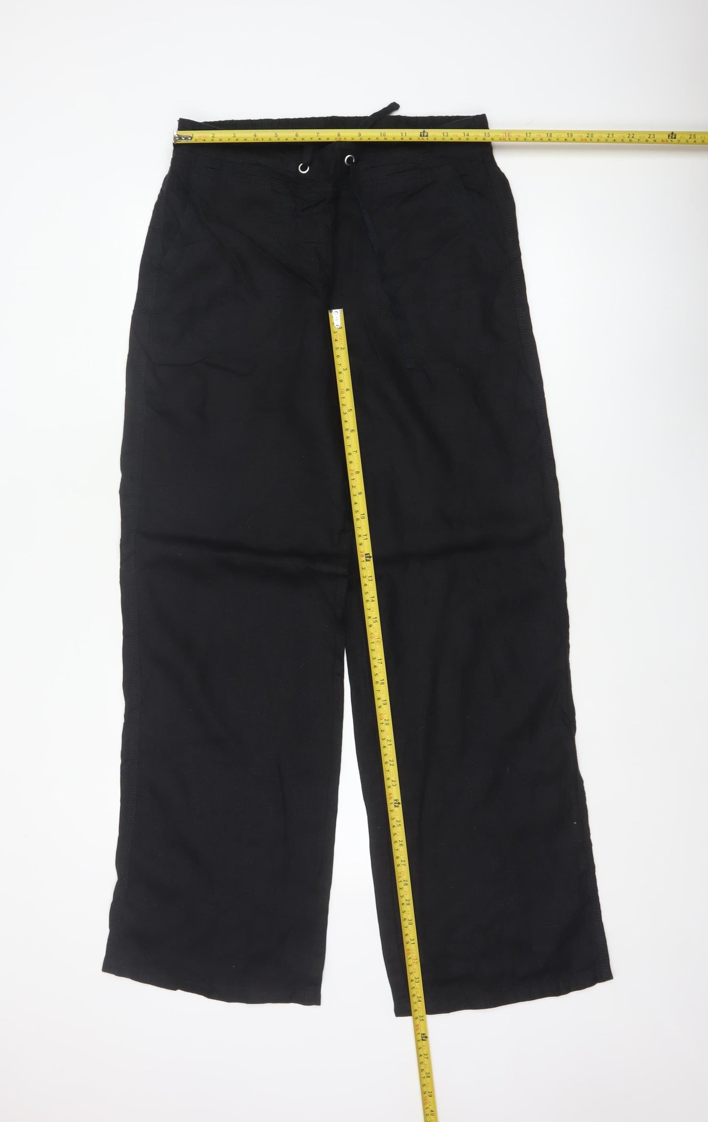 M&S Women Black UK 12 Linen Wide Leg Drawstring Trousers