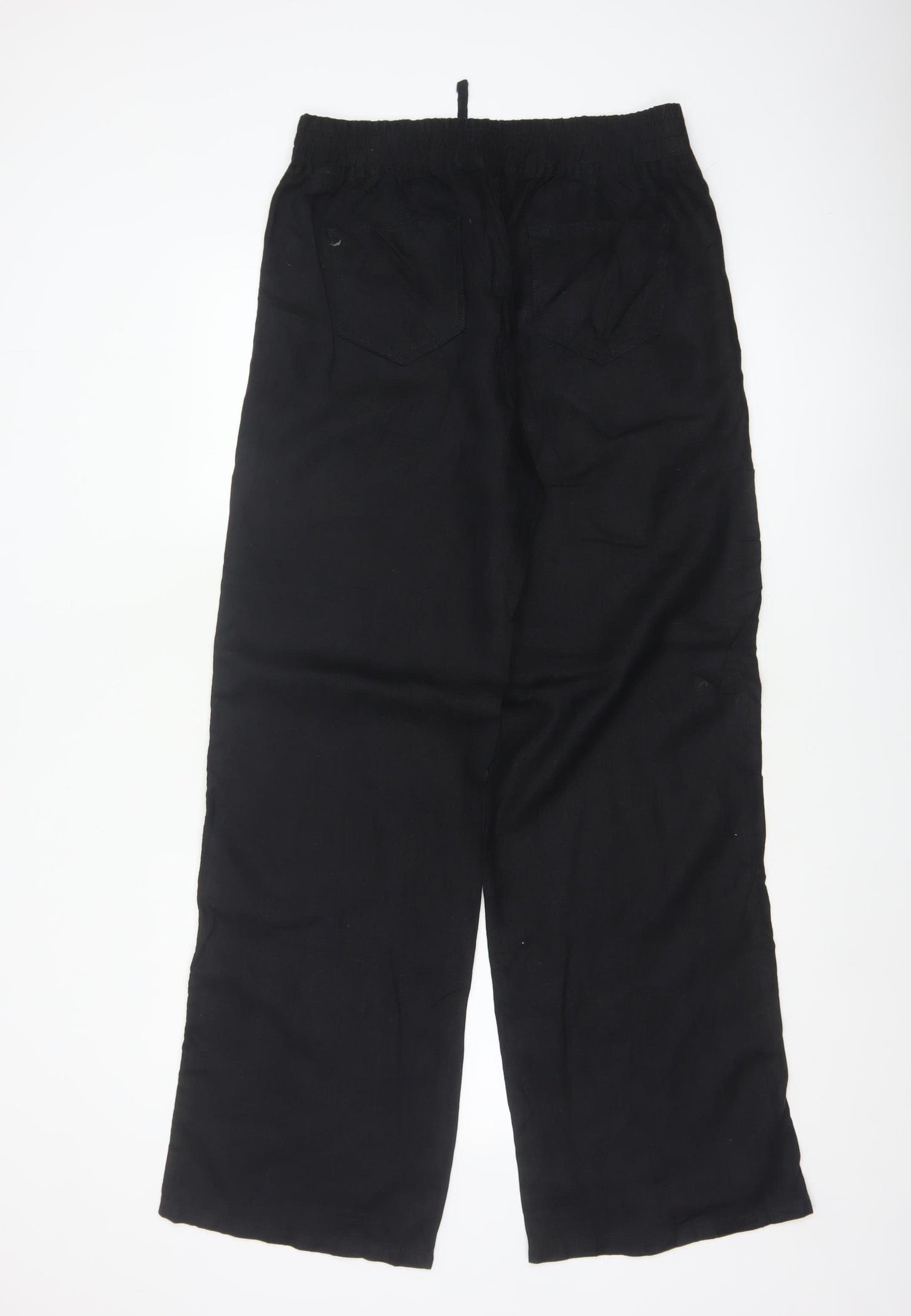 M&S Women Black UK 12 Linen Wide Leg Drawstring Trousers