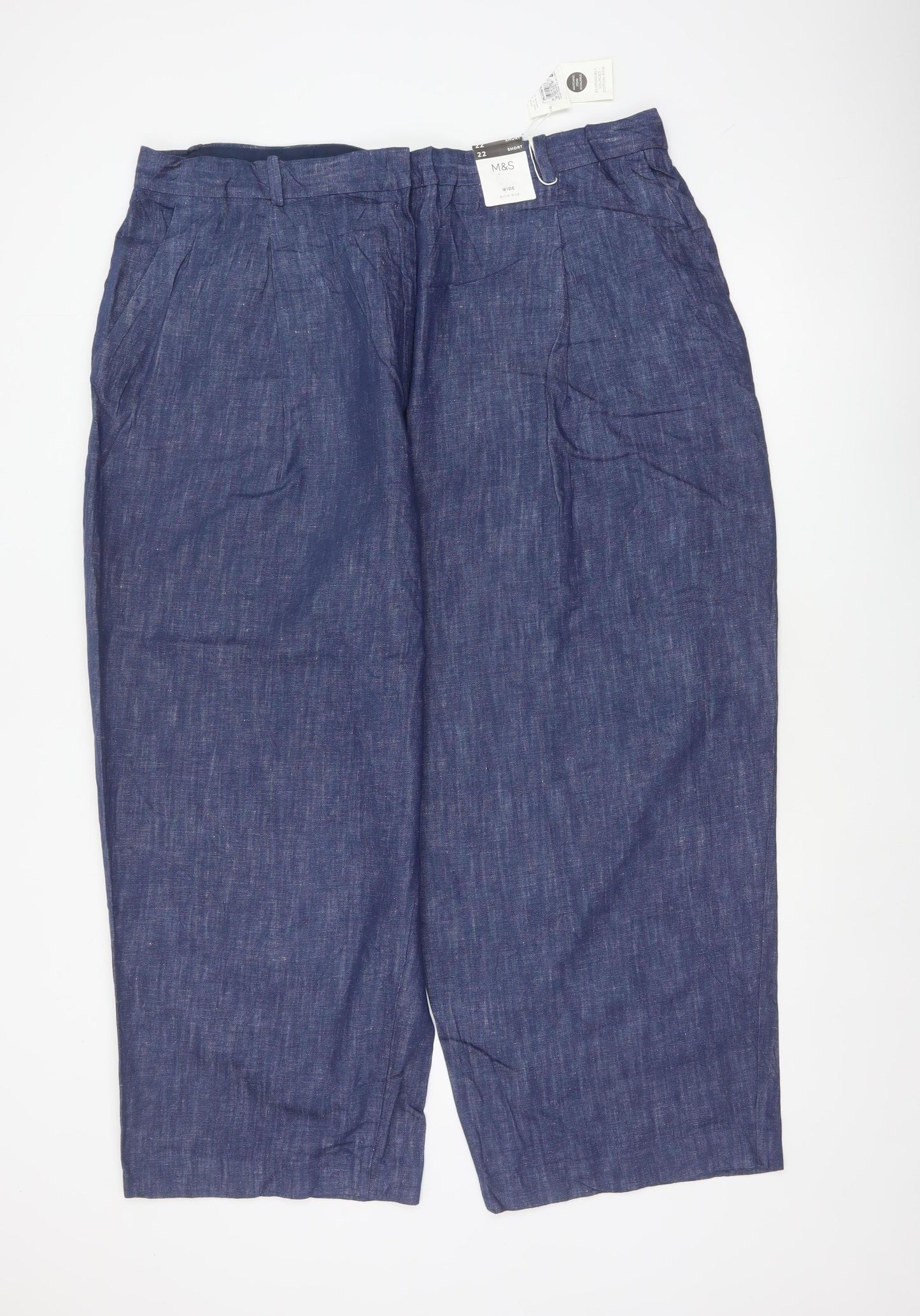 Marks & Spencer Women Blue Size 22 Short Wide Leg Linen Blend Trousers