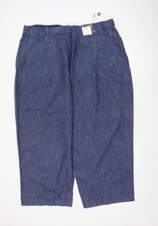 Marks & Spencer Women Blue Size 22 Short Wide Leg Linen Blend Trousers