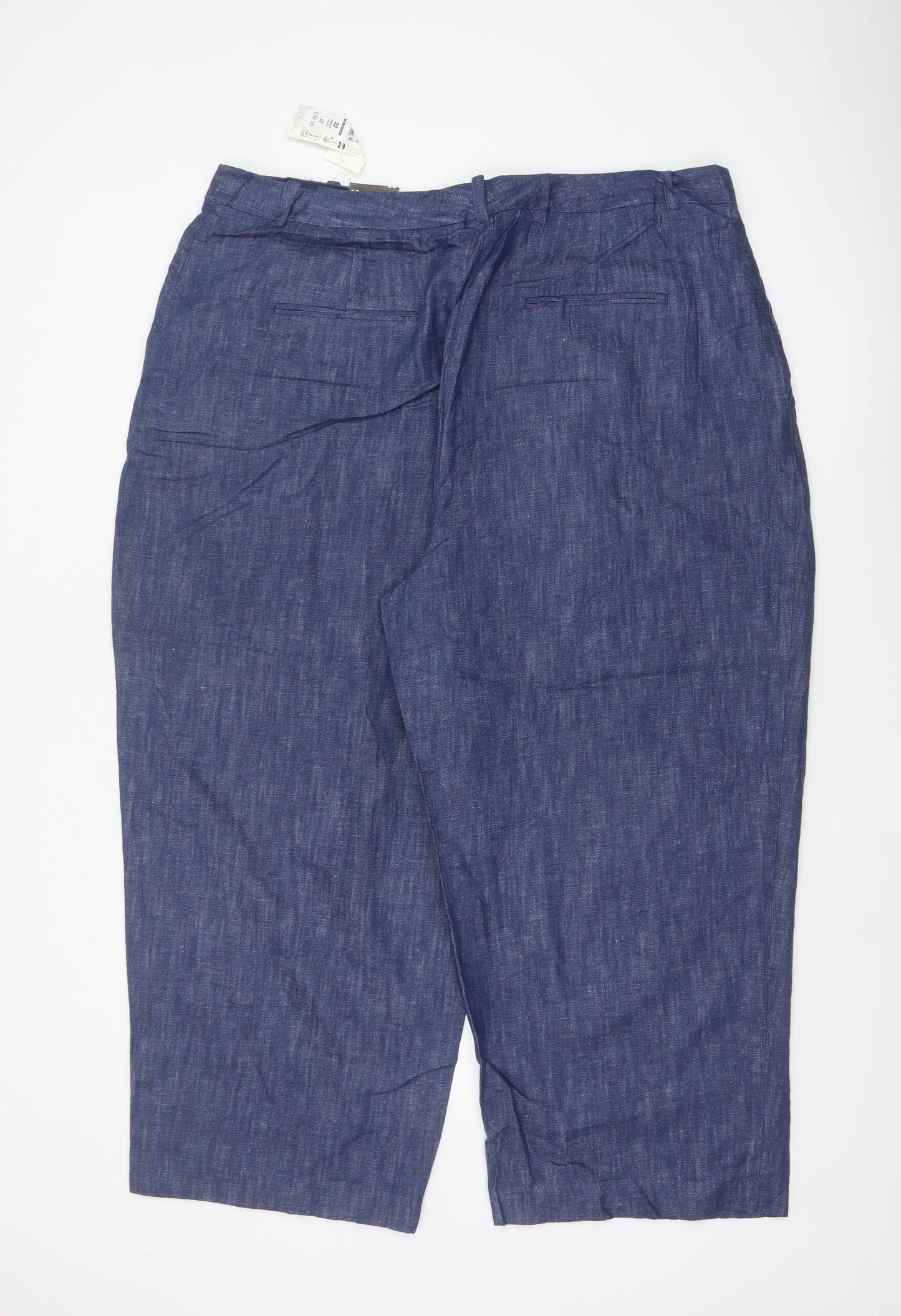 Marks & Spencer Women Blue Size 22 Short Wide Leg Linen Blend Trousers