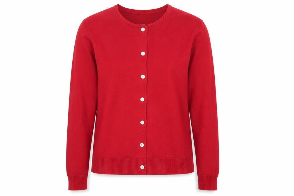 Front view of Lands' End Women's Red, size 8, Cotton Knit Button Cardigan