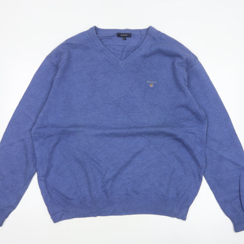 GANT Men’s Blue XL V-Neck Cotton Logo Pullover Jumper Classic Knit