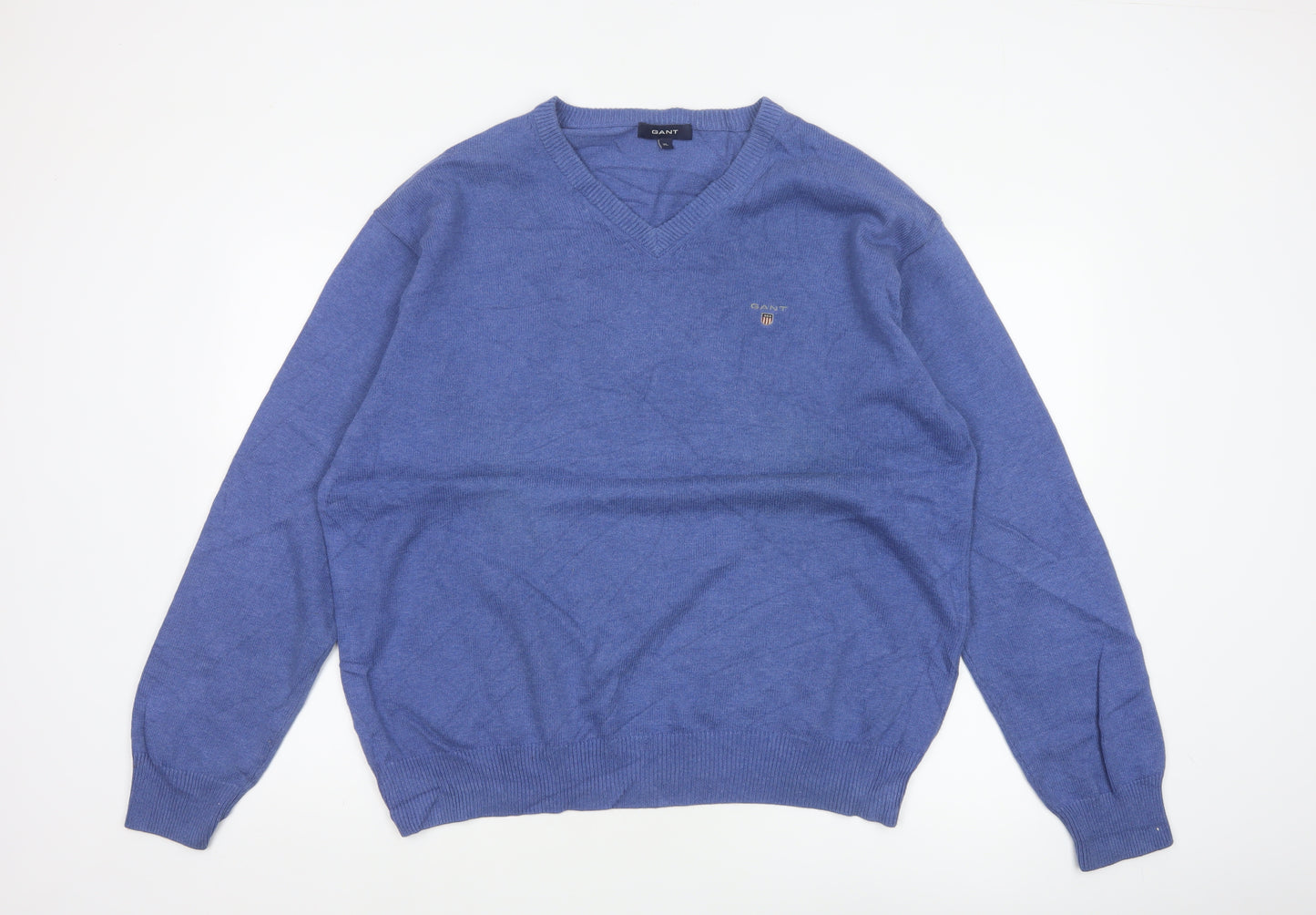 GANT Men’s Blue XL V-Neck Cotton Logo Pullover Jumper Classic Knit