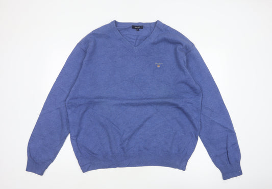 GANT Men’s Blue XL V-Neck Cotton Logo Pullover Jumper Classic Knit
