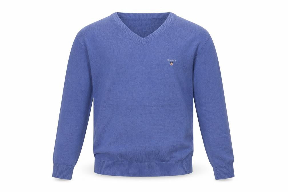 GANT Men’s Blue XL V-Neck Cotton Logo Pullover Jumper Classic Knit