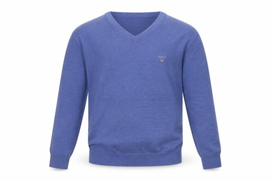 GANT Men’s Blue XL V-Neck Cotton Logo Pullover Jumper Classic Knit