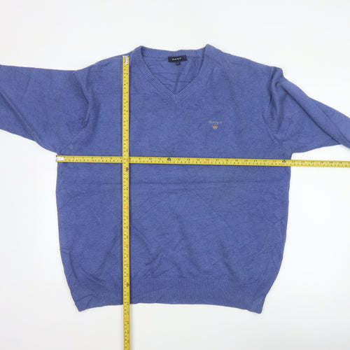 GANT Men’s Blue XL V-Neck Cotton Logo Pullover Jumper Classic Knit