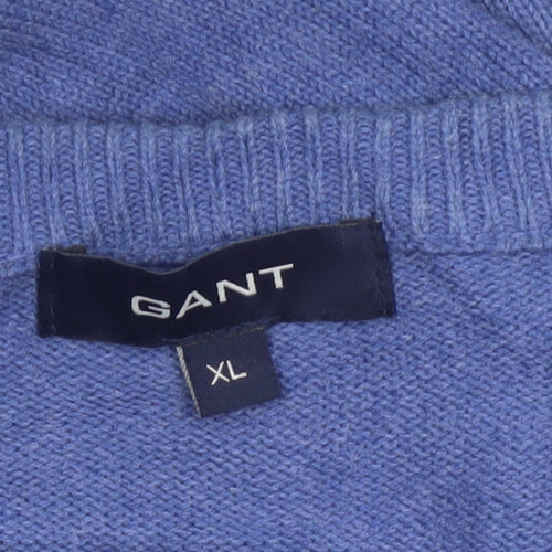 GANT Men’s Blue XL V-Neck Cotton Logo Pullover Jumper Classic Knit