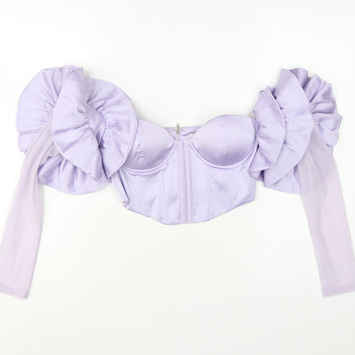 Oh Polly Women Purple UK 10 Cropped Ruffle Corset Blouse Long Sleeve