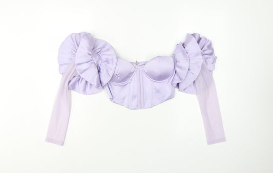 Oh Polly Women Purple UK 10 Cropped Ruffle Corset Blouse Long Sleeve