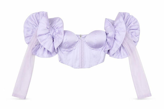 Front view of Oh Polly Women Purple UK 10 Cropped Ruffle Corset Blouse Long Sleeve