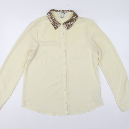 Forever 21 Women Ivory M Sequin Collar Long Sleeve Button-Up Blouse