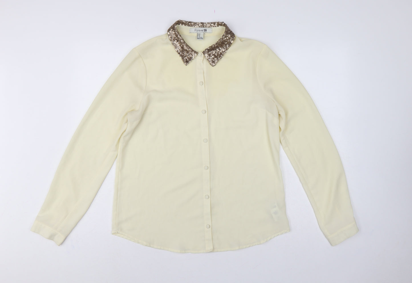 Forever 21 Women Ivory M Sequin Collar Long Sleeve Button-Up Blouse