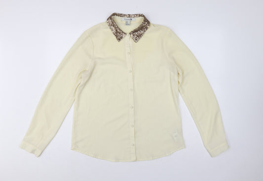 Forever 21 Women Ivory M Sequin Collar Long Sleeve Button-Up Blouse