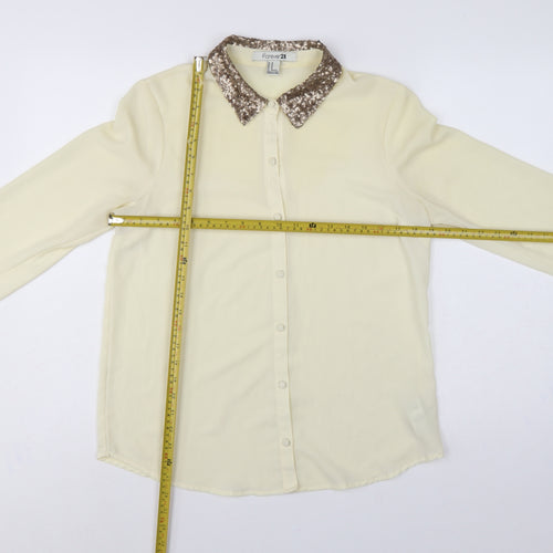 Forever 21 Women Ivory M Sequin Collar Long Sleeve Button-Up Blouse
