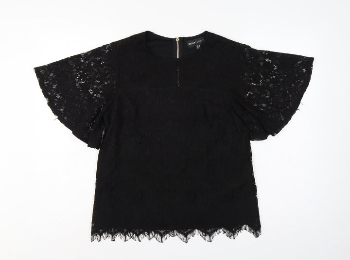 Mela London Women Black UK 10 Lace Flutter Sleeve Zip Blouse