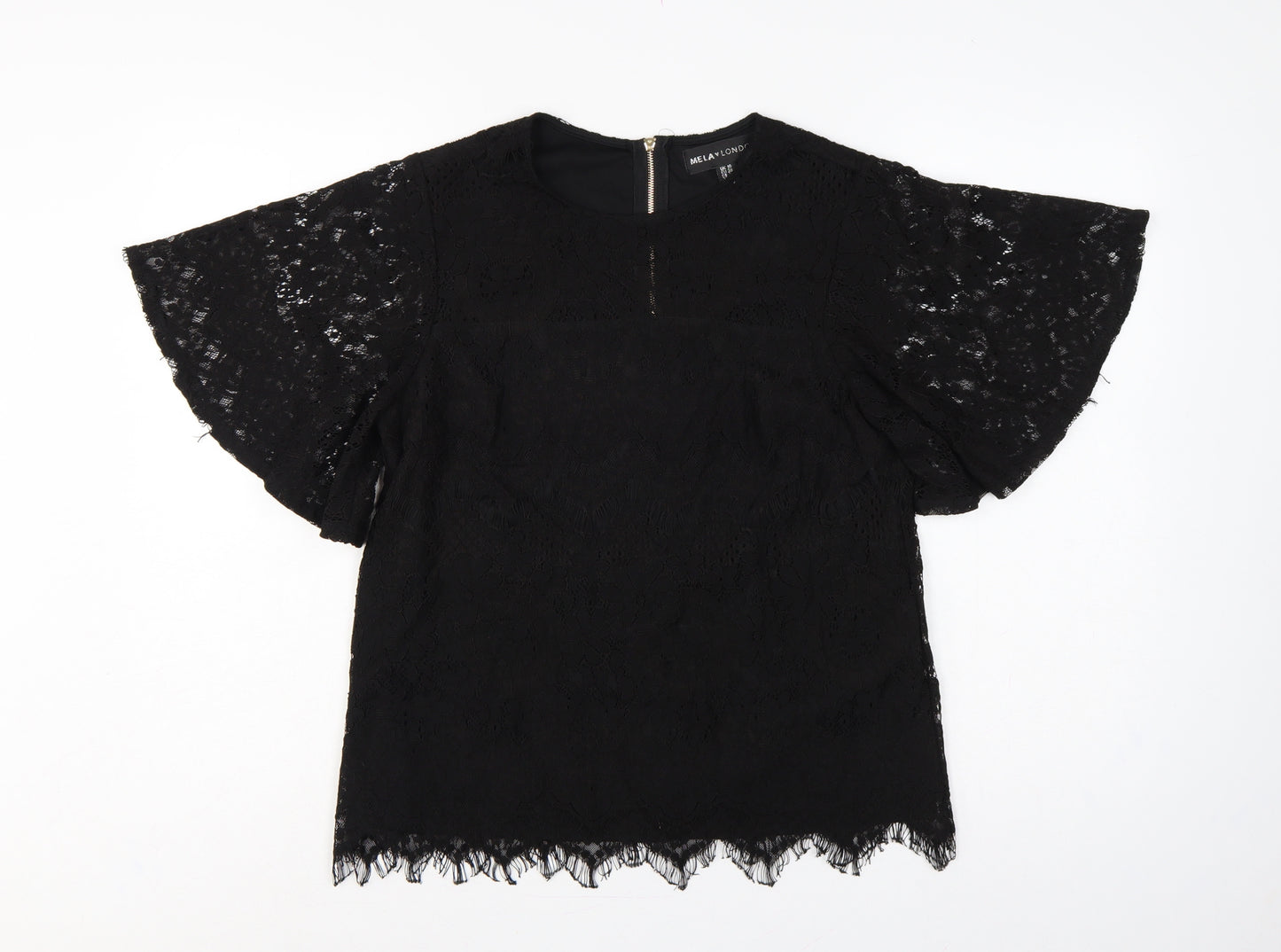 Mela London Women Black UK 10 Lace Flutter Sleeve Zip Blouse