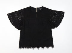 Mela London Women Black UK 10 Lace Flutter Sleeve Zip Blouse