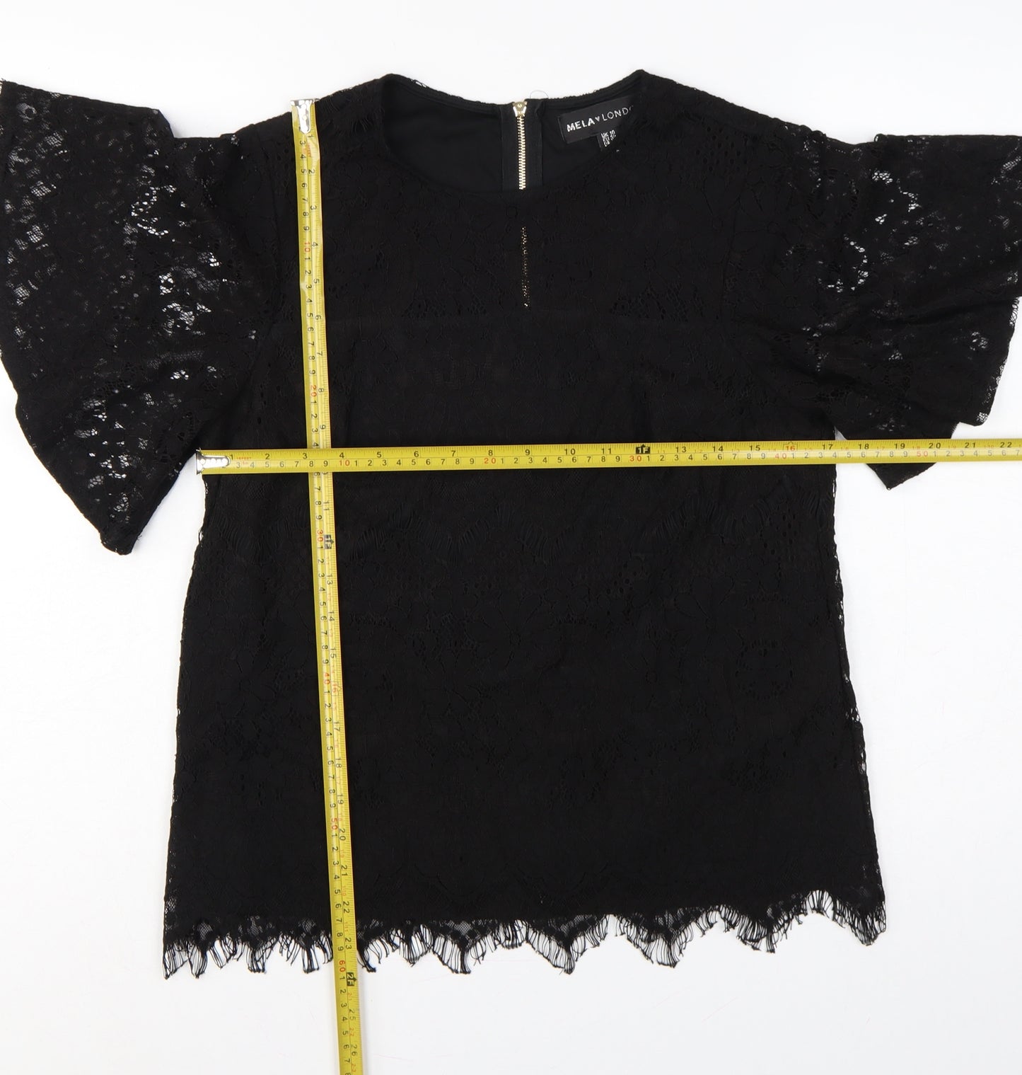 Mela London Women Black UK 10 Lace Flutter Sleeve Zip Blouse