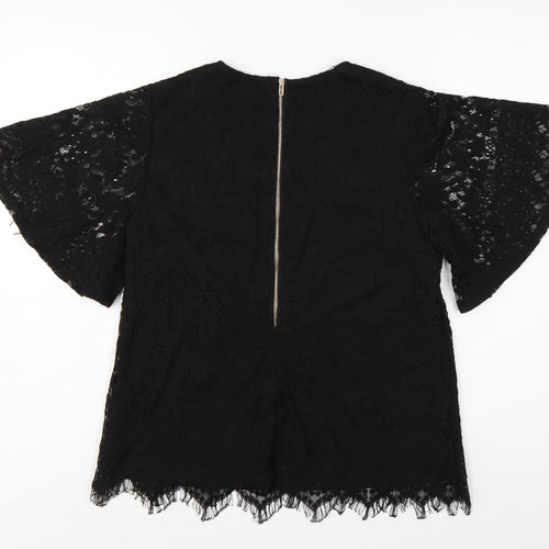 Mela London Women Black UK 10 Lace Flutter Sleeve Zip Blouse