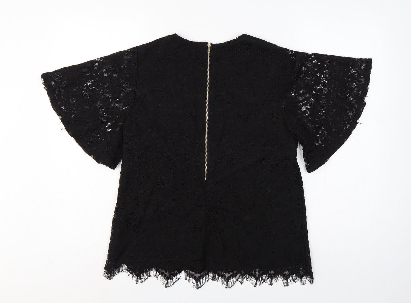 Mela London Women Black UK 10 Lace Flutter Sleeve Zip Blouse